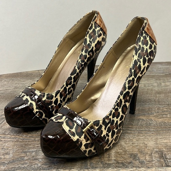 Qupid Women’s Platform Stiletto Heels in Leopard Print/ Patent Leather Size 9 - Picture 1 of 14